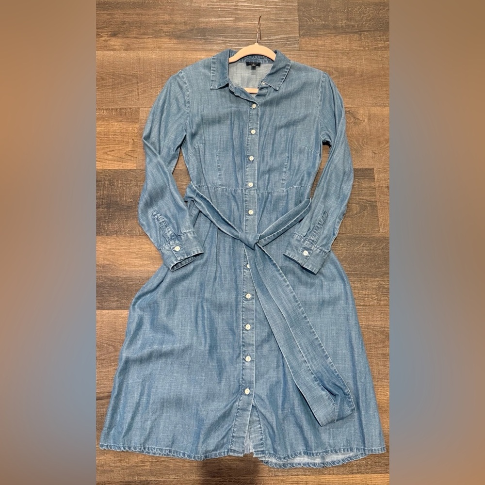 Talbots Denim Shirt Dress Womens Long Sleeve Button Down Belted Casual Size 4